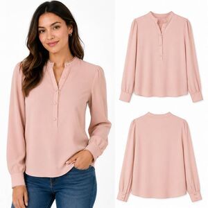 CeCe M Blush Pink Scallop Trim Button Blouse NWT